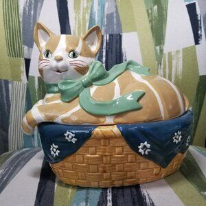 Tabby Cat In Basket Cookie Jar B&D Japan Green Ribbon Kitten Canister